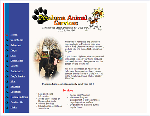 Petaluma Animal Shelter First Website